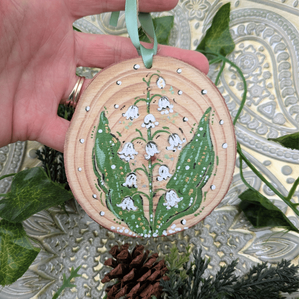 Lily of the valley hand-painted log slice decoration 