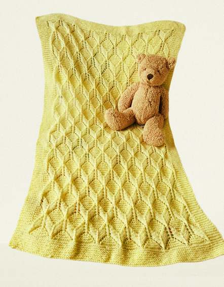 Hand Knitted Lacey Baby Blanket In Lemon - Width 57cms - Length -97cms
