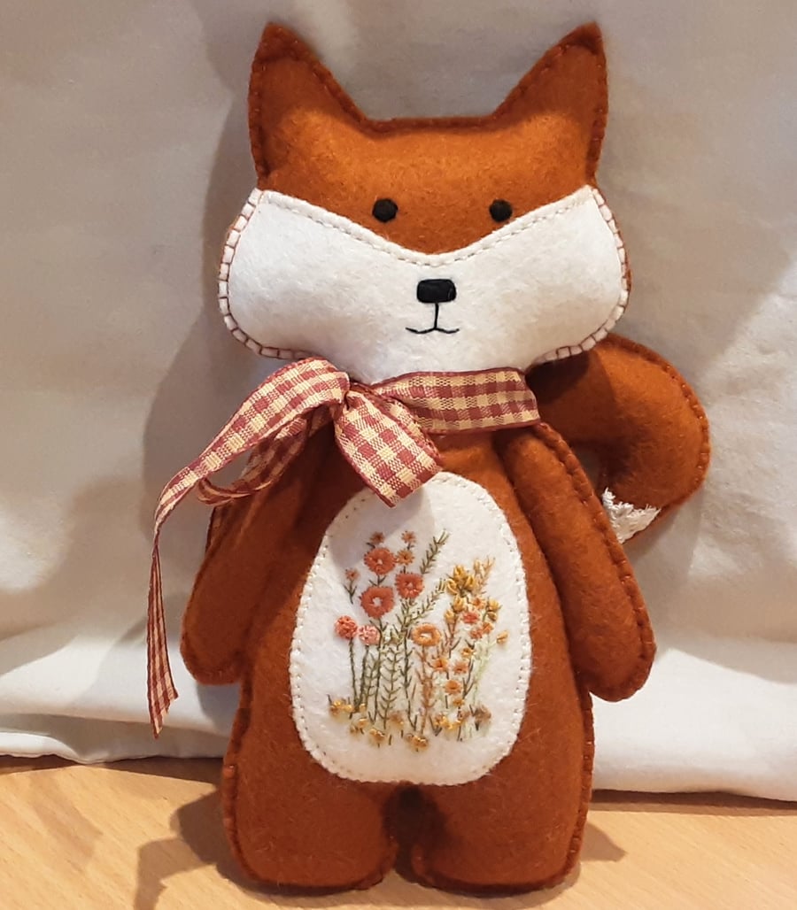 SOLD Reserved for Gillian Woodland Fox, hand embroidered animal doll