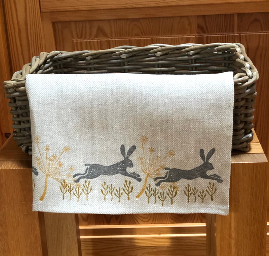 Hand Printed Linen Tea Towel - Leaping Wild Hare