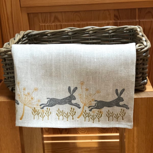 Hand Printed Linen Tea Towel - Leaping Wild Hare