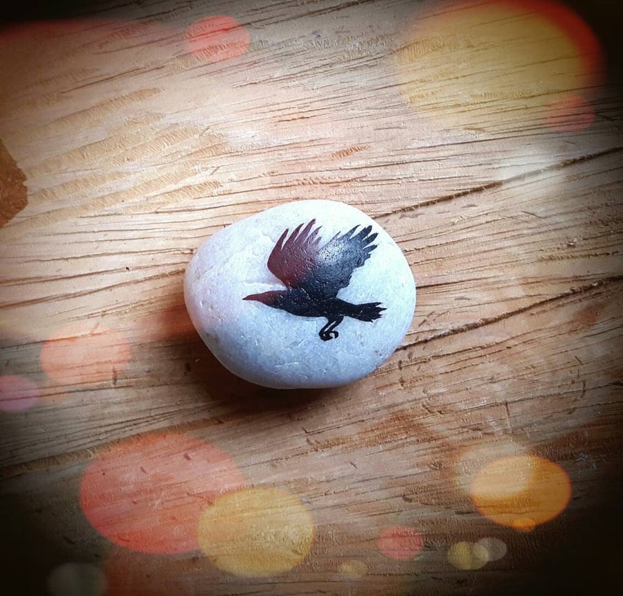 Raven Spirit Stone - Handpainted Natural Home Decor Whimsical Art