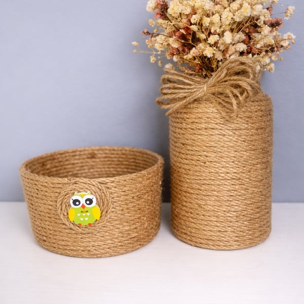 Rustic Owl Twine Storage Pots UK Handmade Housewarming Gift