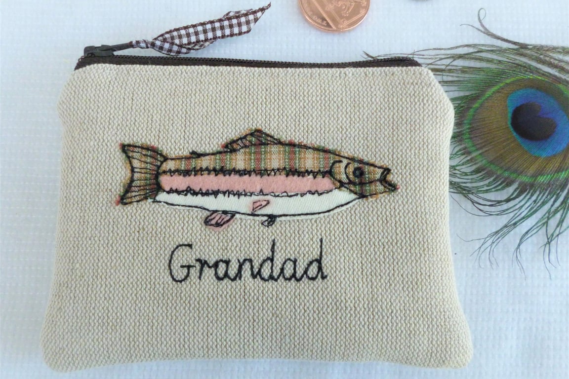 Personalised Fish 'Trout Pouch' - Wallet Purse with Choice of Name on Linen