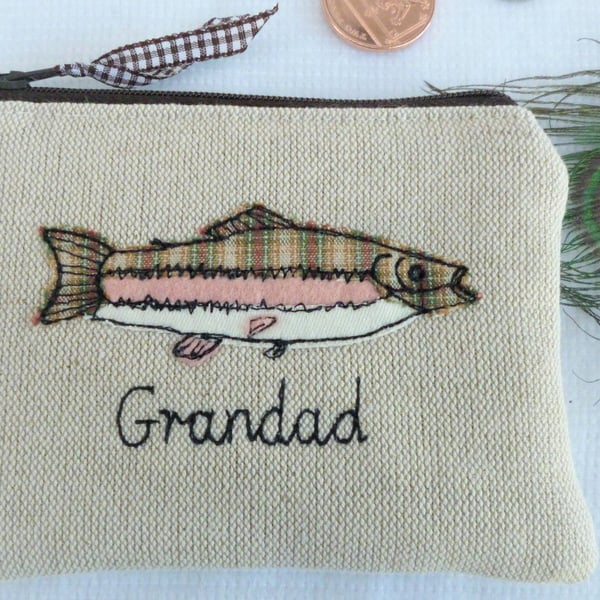 Personalised Fish 'Trout Pouch' - Wallet Purse with Choice of Name on Linen