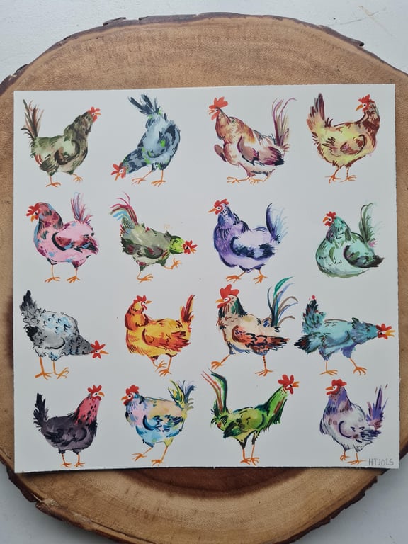 Original hand painted watercolour funny chicken art