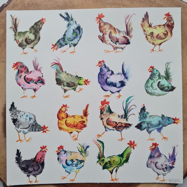 Original hand painted watercolour funny chicken art