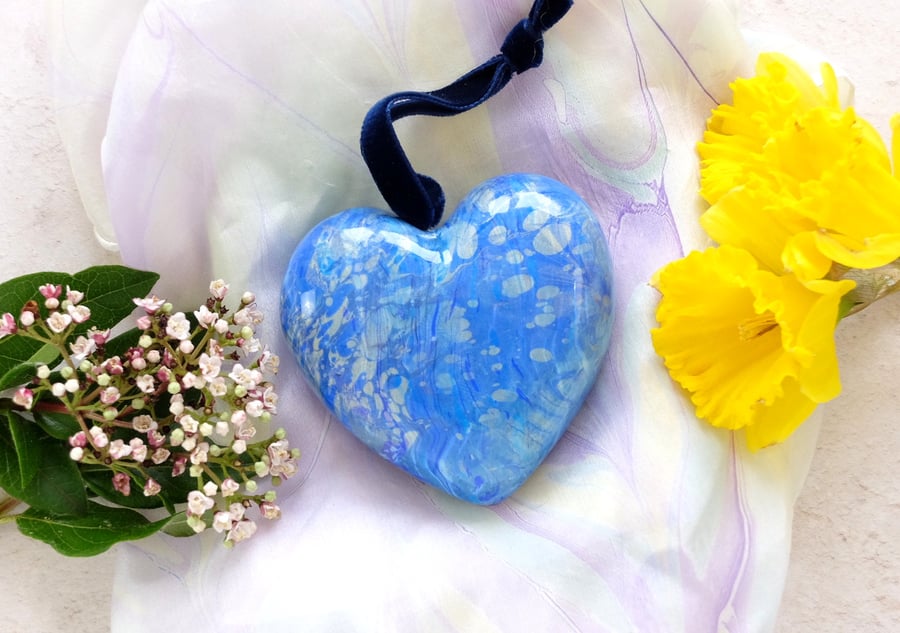 Blue and gold Marbled ceramic hanging heart decoration 