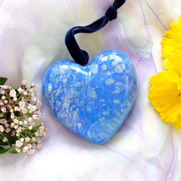 Blue and gold Marbled ceramic hanging heart decoration 