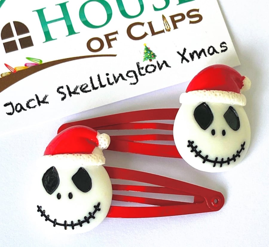 Jack Skellington Xmas Hair Clips x2 - Red Christmas Hair Slides - Nightmare Befo