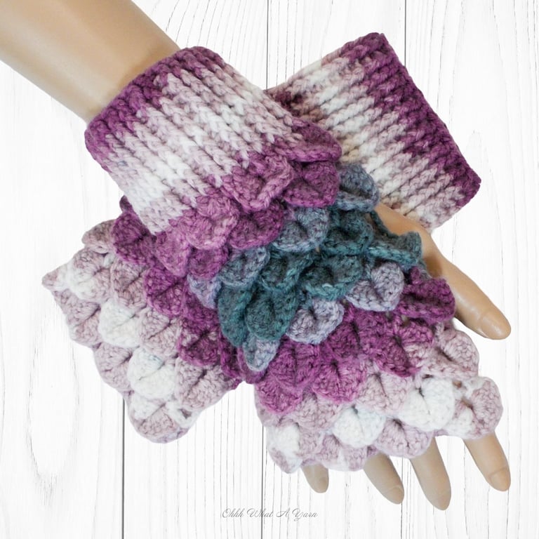Crochet gloves. Purple and grey dragon scale gloves. Fingerless gloves. 