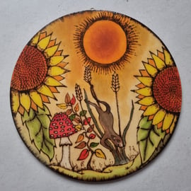 Beautiful field mouse sunset sunflowers wood burn wall picture 30cm