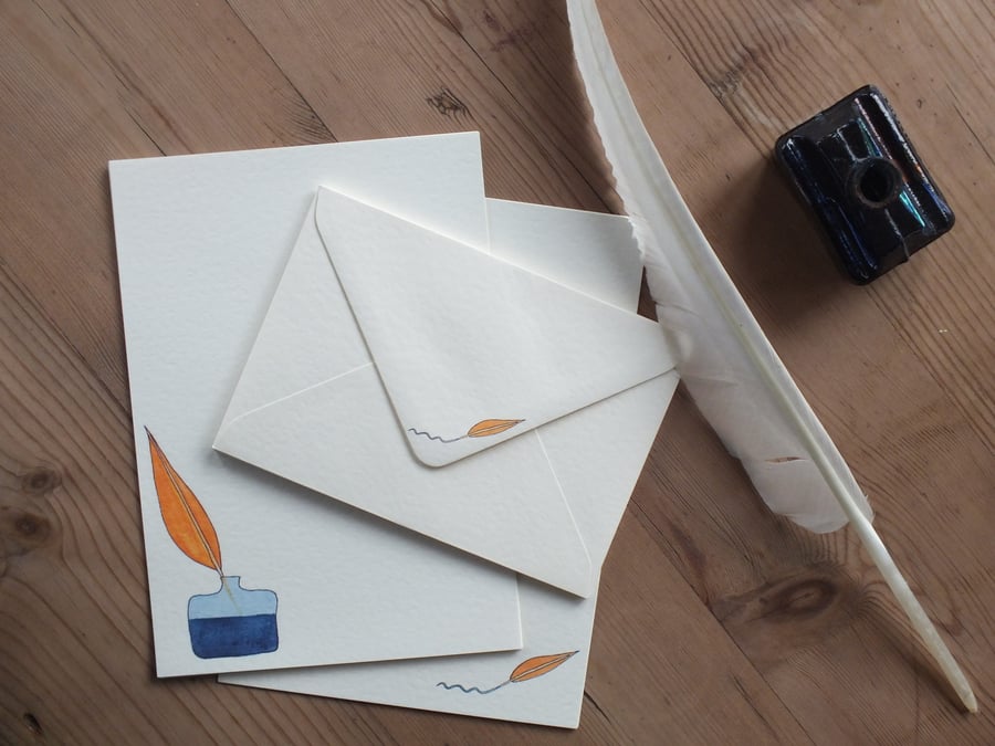 Illustrated letter paper and envelopes with original quill design