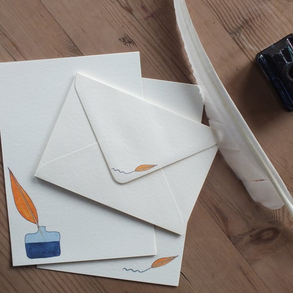 Illustrated letter paper and envelopes with original quill design