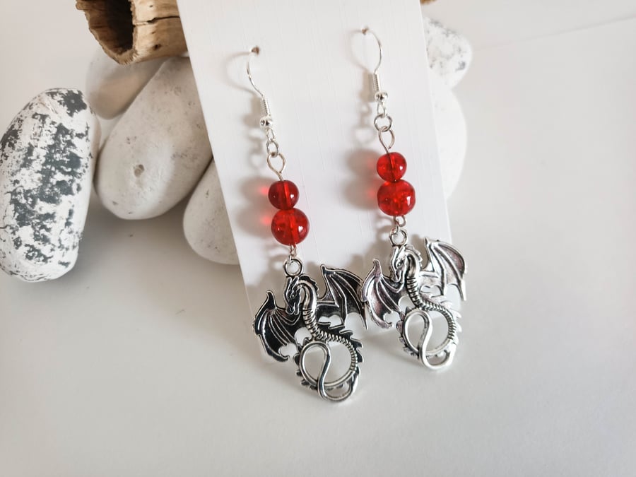 Silver Dragon and Red Crackle Bead Earrings