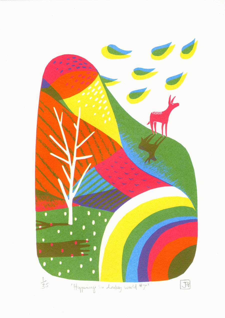 Happenings in Donkey World No.7 3-colour A4 screen print (blue, pink and yellow)