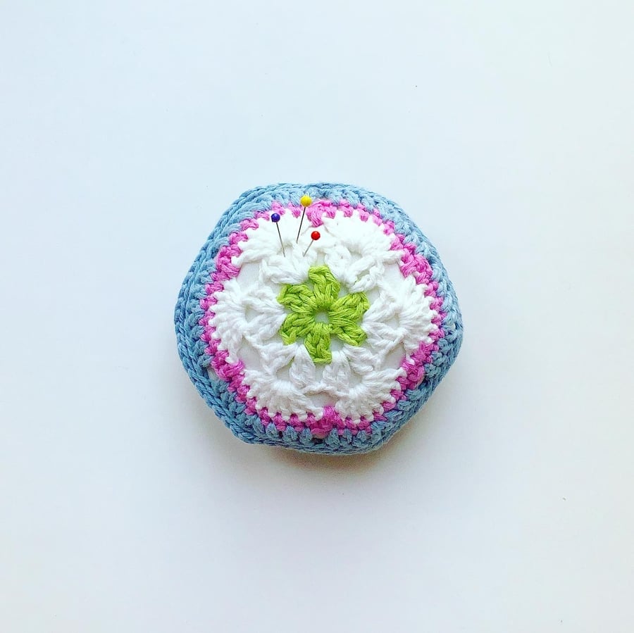 Crochet Pincushion, hexagon pincushion, pin tidy,  flower pincushion