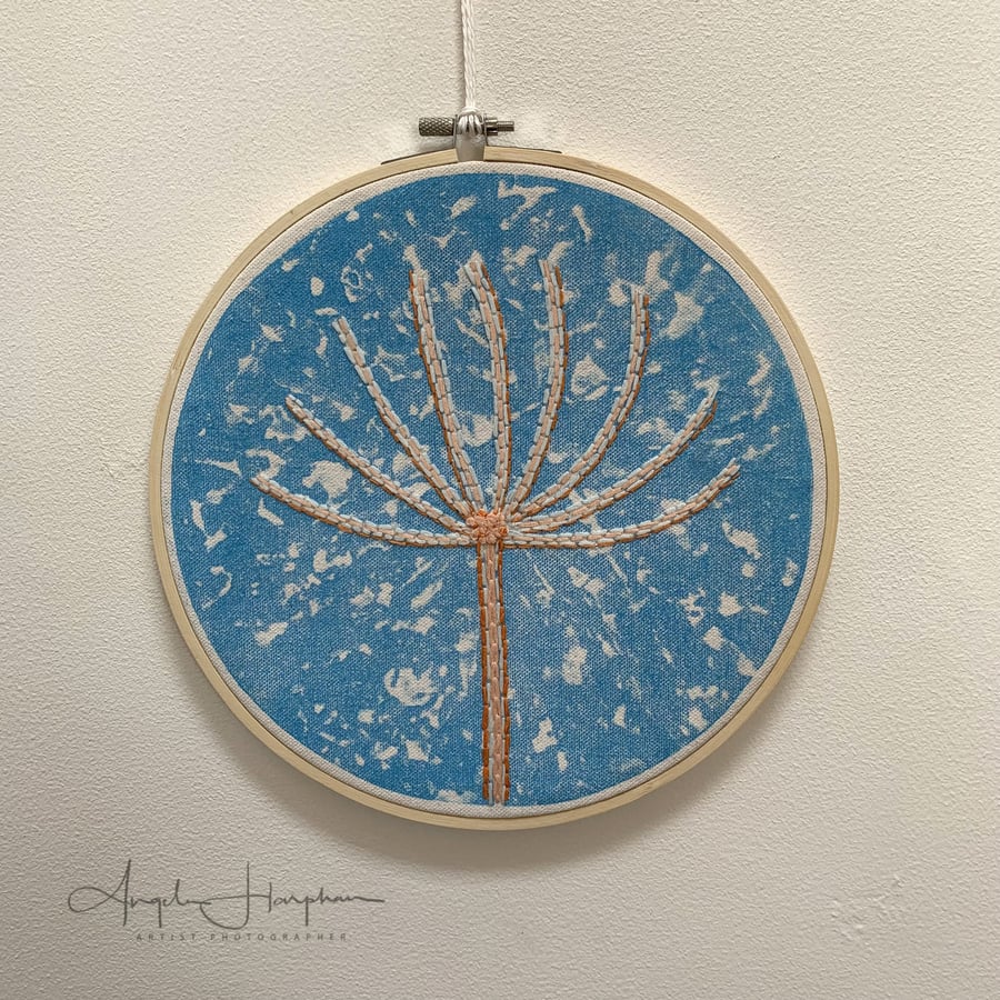 Linocut Embroidered Circular Hoop Hanging on Canvas - Agapanthus Seedhead
