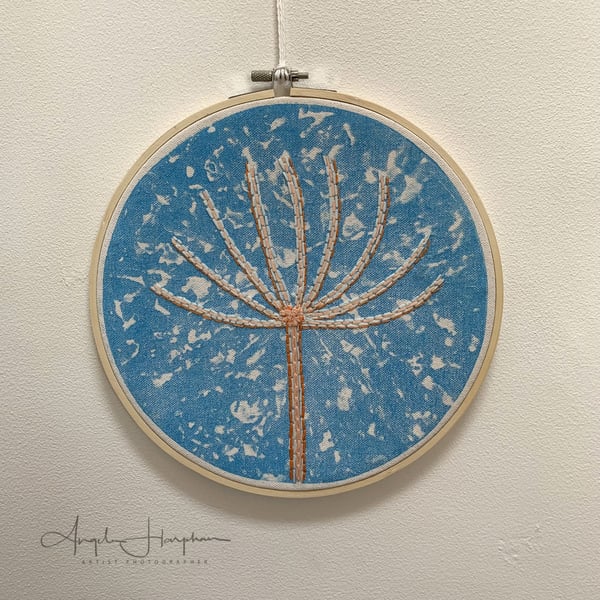 Linocut Embroidered Circular Hanging  in a Hoop on Canvas - Agapanthus Seedhead