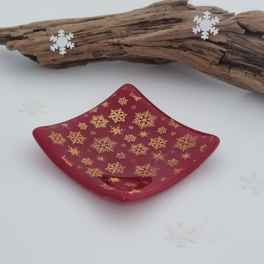 Snowflakes Fused Glass Trinket Dish-Tealight Holder - Red and Gold