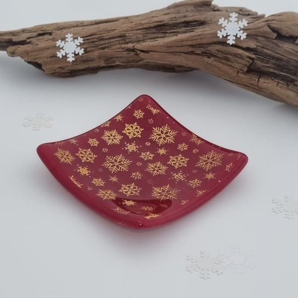 Snowflakes Fused Glass Trinket Dish-Tealight Holder - Red and Gold