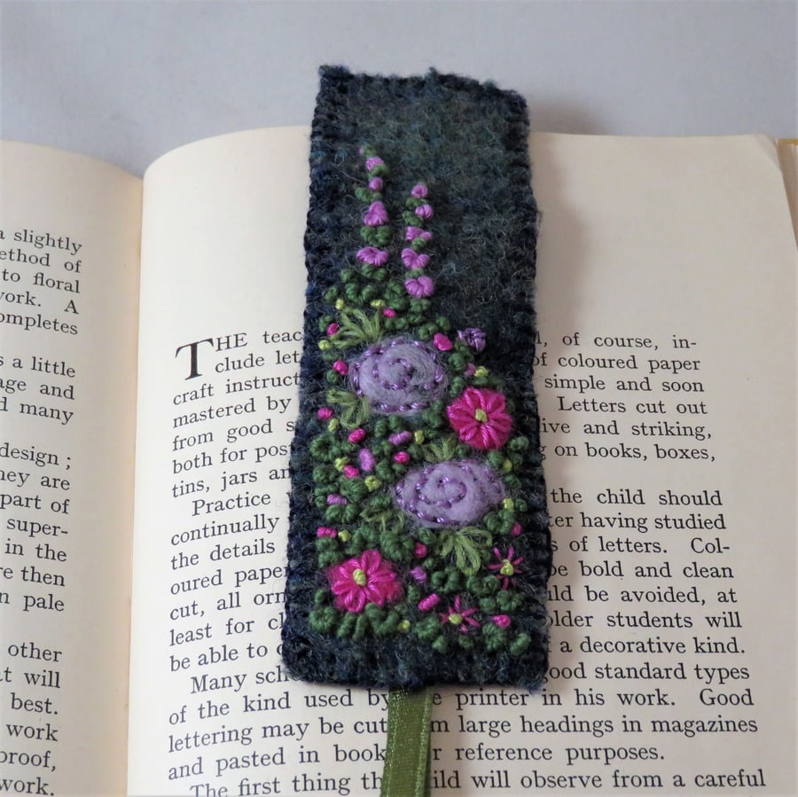 Embroidered Bookmark lilac and pink rose garden on recycled tweed