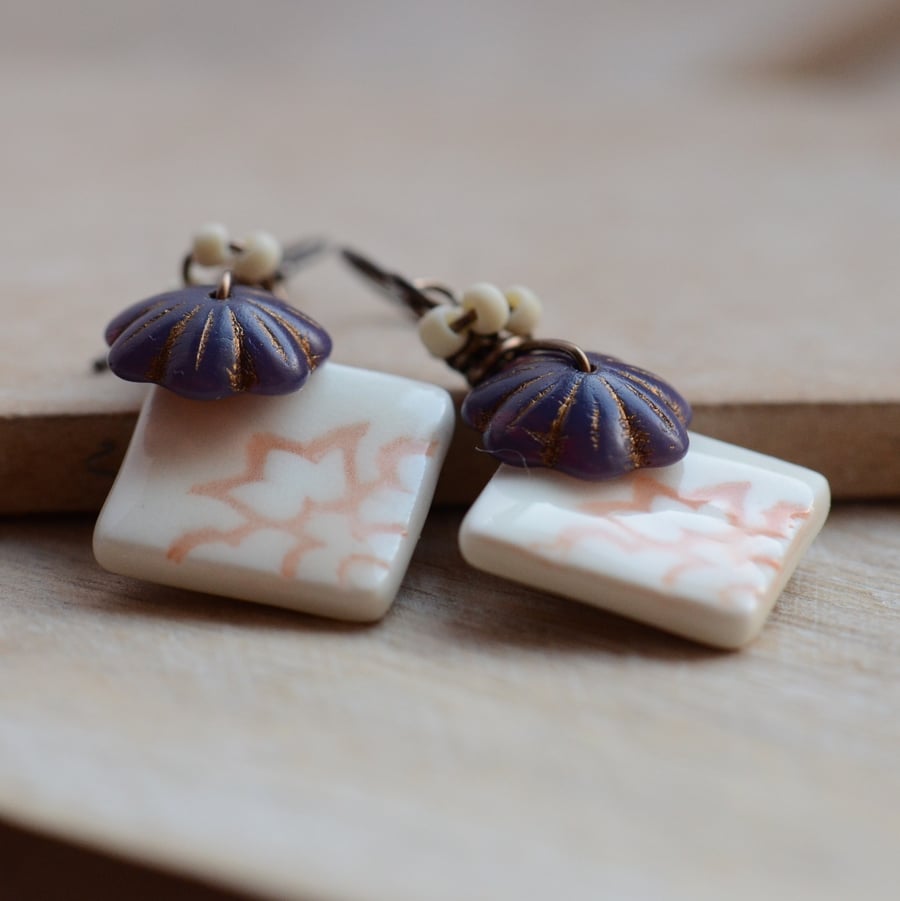 White Peach Ceramic Charms with Purple Flower Earrings
