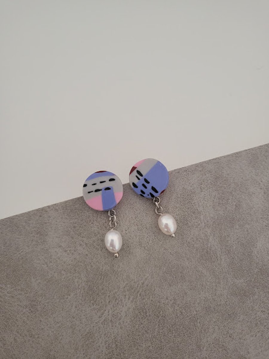 Handmade Polymer Clay Earrings with Pearl - Lavender Sky Pearl Earrings