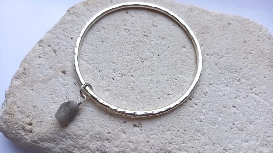 Textured Recycled Silver Bangle with Raw Sapphire Dangle Stone