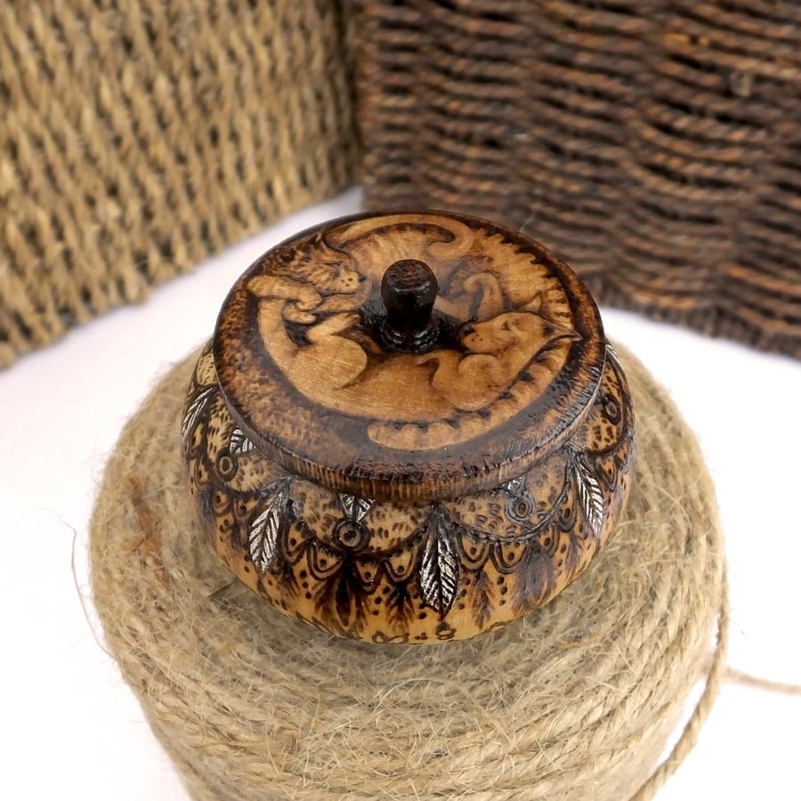 Wooden pyrography cats and feathers trinket pot with place on lid
