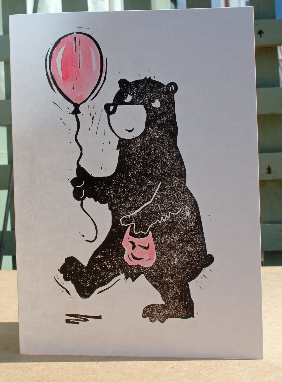 Birthday Balloon Bear Lino-Cut Handprinted Card 