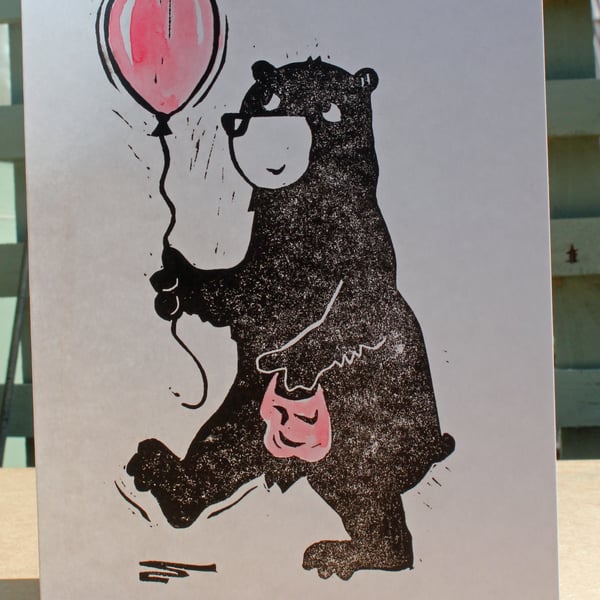 Birthday Balloon Bear Lino-Cut Handprinted Card 