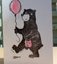 Birthday Balloon Bear Lino-Cut Handprinted Card 