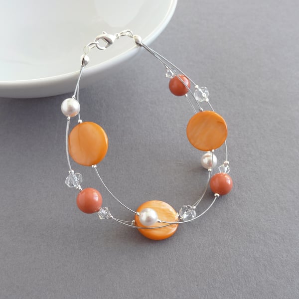Orange Floating Pearl 3 Strand Bracelet - Apricot Multi-strand Wedding Jewellery
