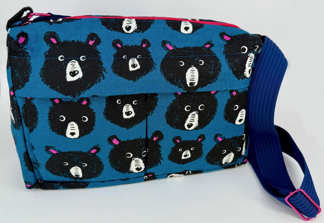 Handmade blue cotton canvas fully lined messenger bag with pockets in fun teddy 
