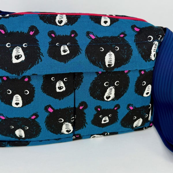 Handmade blue cotton canvas fully lined messenger bag with pockets in fun teddy 