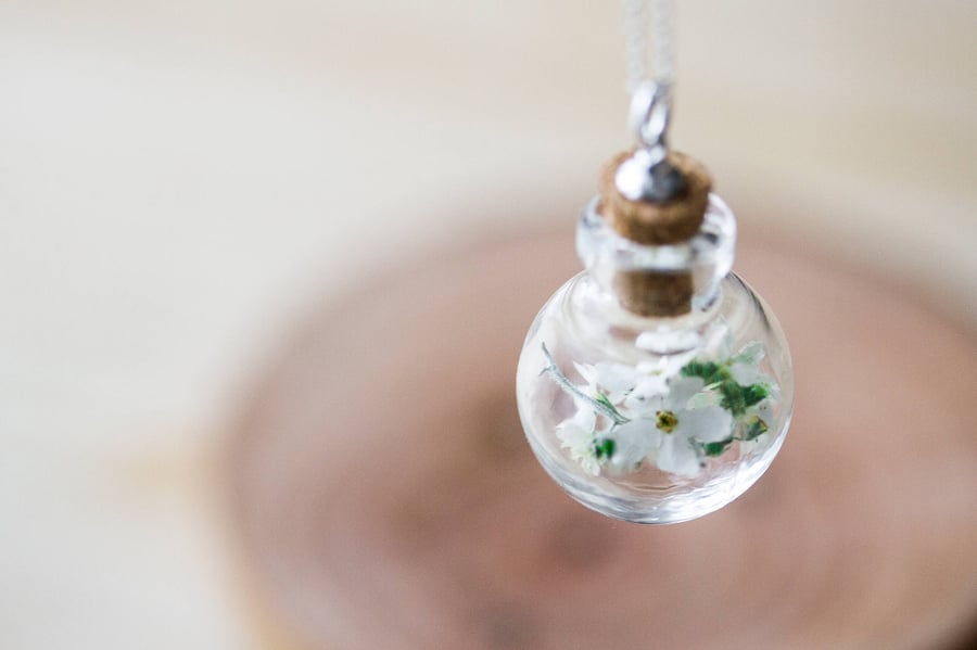 Forget Me Nots Necklace Glass Globe White Forget Me Nots Botanical Jewelry Wildf