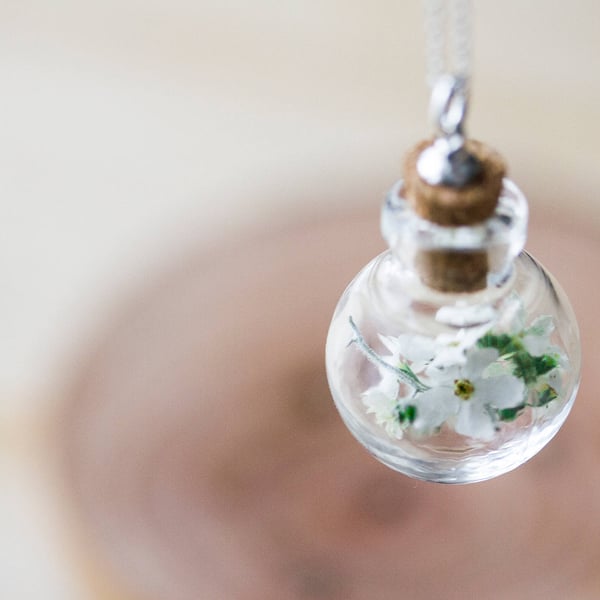 Forget Me Nots Necklace Glass Globe White Forget Me Nots Botanical Jewelry Wildf