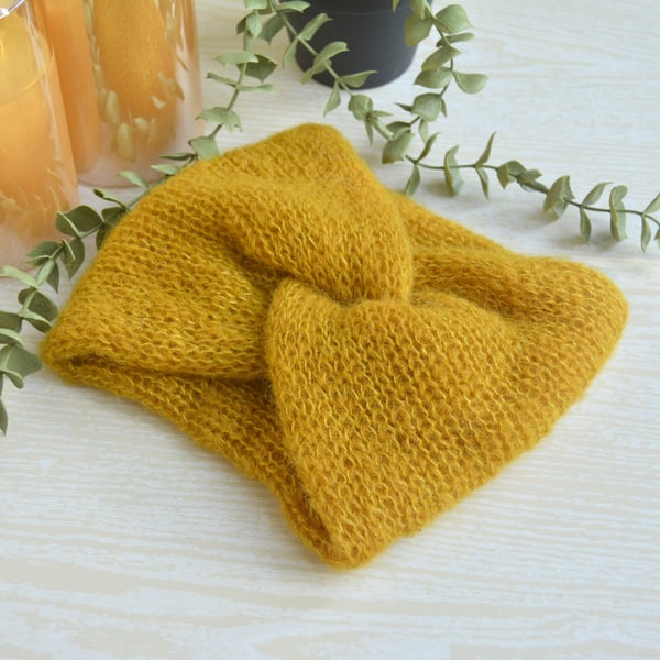 Knitted Headband Earwarmer Soft Alpaca Silk Spicy Curry Ready Made