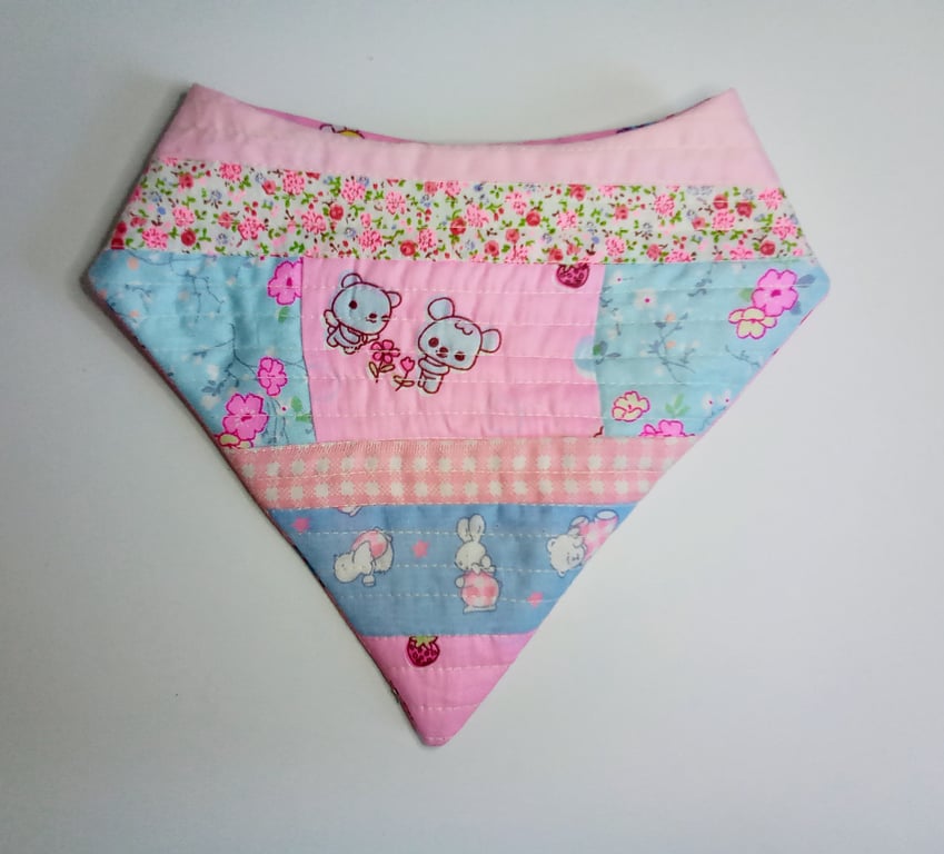 Pink Bandana bib,  patchwork bib, quilted bib, reversible baby bib