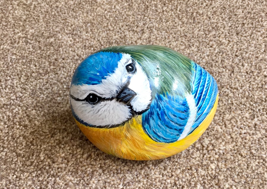Bluetit hand painted pebble garden wildlife rock art bird gift 