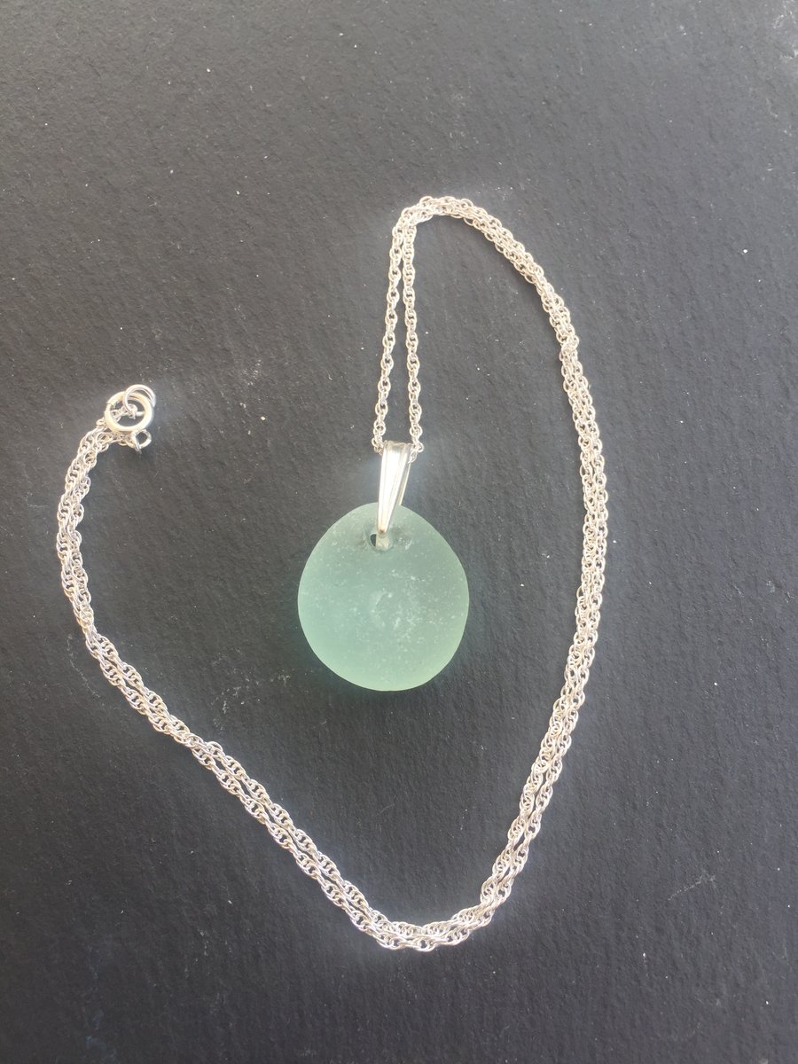 Sterling Silver Necklace with Aqua Sea Glass Pendant
