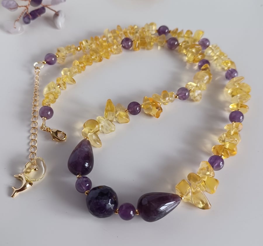 Natural Citrine & Amethyst Choker Necklace, Handmade Gemstone Jewellery
