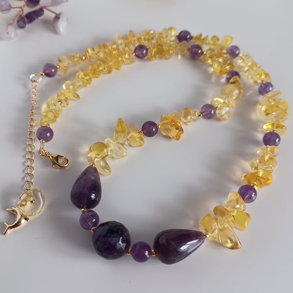 Natural Citrine & Amethyst Choker Necklace, Handmade Gemstone Jewellery