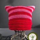 Cat Ear Hat. Striped. Red and Pink Stripes. Handmade. Teen to Adult size.