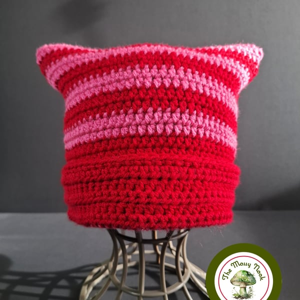 Cat Ear Hat. Striped. Red and Pink Stripes. Handmade. Teen to Adult size.