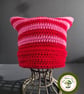 Cat Ear Hat. Striped. Red and Pink Stripes. Handmade. Teen to Adult size.