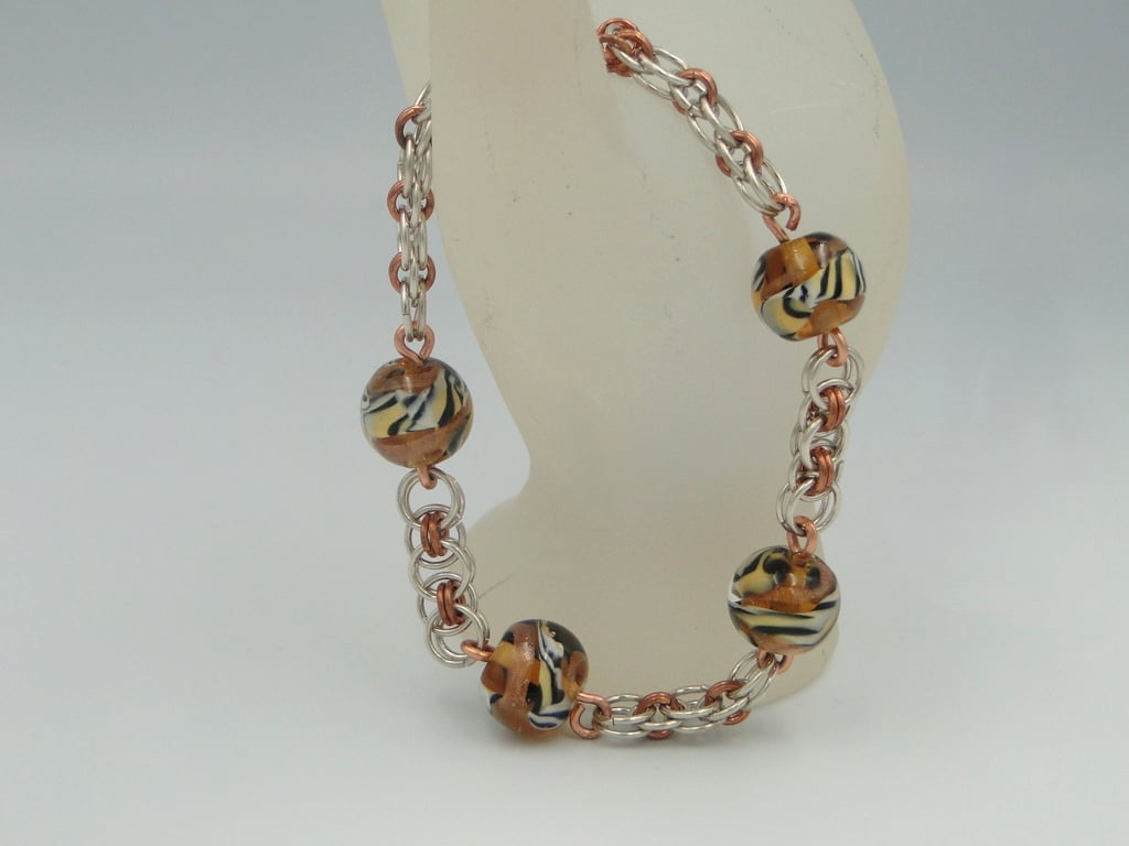     Tiger striped  bead bracelet  Copper and silver chainmaille  Gift for her