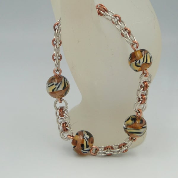     Tiger striped  bead bracelet  Copper and silver chainmaille  Gift for her