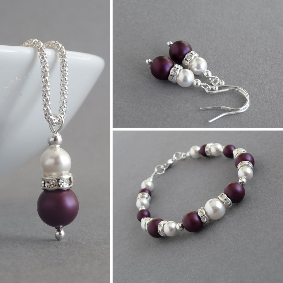 Plum Pearl Jewellery Set - Aubergine Necklace, Bracelet and Drop Earrings - Gift